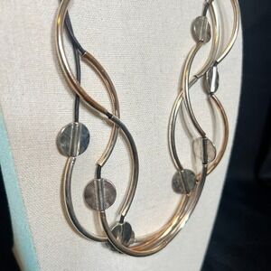 Lizzy James Mixed Metal Leather Necklace Handmade USA Kinetic Curves‎ Artsy Mod